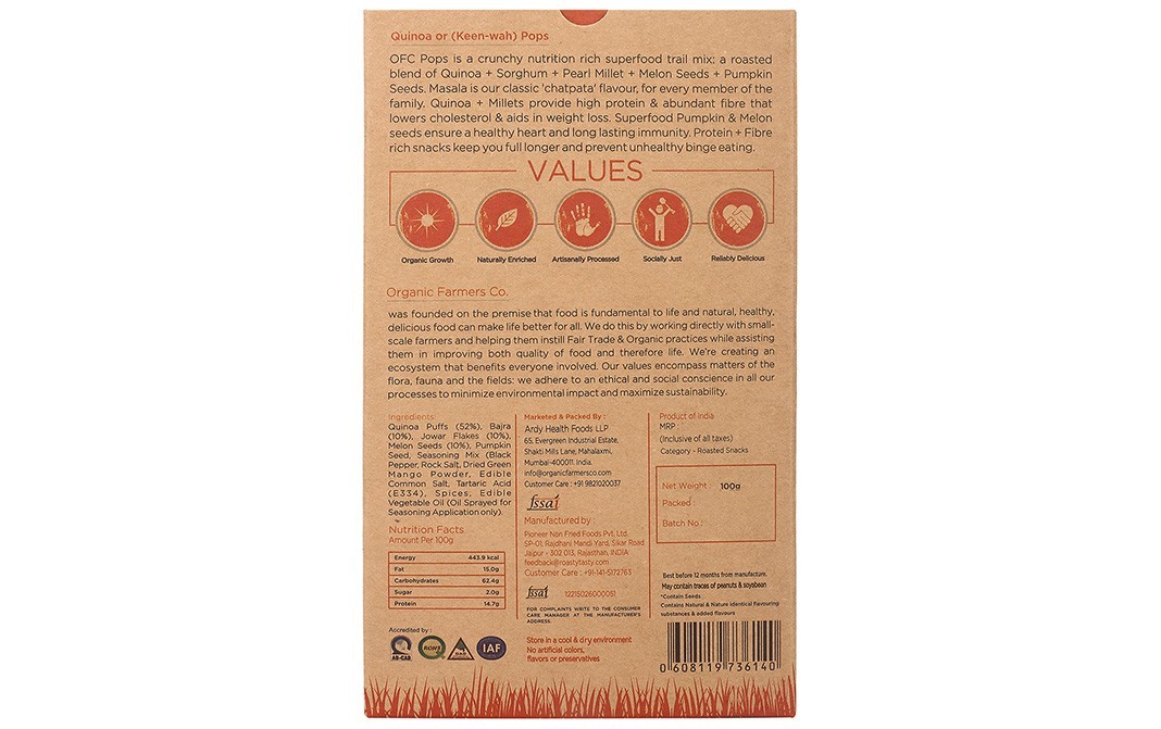 Organic Farmers Co. Pops Masala Quinoa + Sorghum + Pearl Millet Melon + Pumpkin Seeds   Box  100 grams
